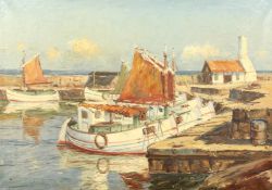 Mogens Ege (1892-1946) Danish, fishing boats moored in a harbour, oil on canvas, signed, 27.75