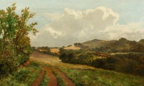 James Peel (1811-1906) British, 'Near Haslemere' Tracks leading into open fields with a farmstead