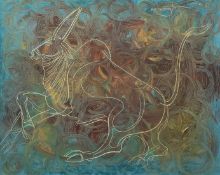 Rakesh Mohan, circa 1971, scene of an oxen in an abstract landscape, oil on canvas, signed and