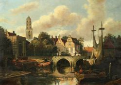 Continental School, Canal scene with boats and figures on a bridge, possibly Belgium, oil on canvas,