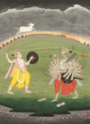 Pahari School, a battle scene with a female warrior and a multi-limbed male warrior, 10.5