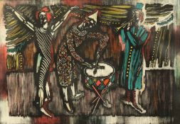 A pair of 20th Century French School lithographs of figures playing instruments, artist's proof,