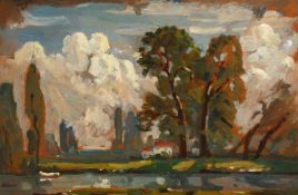John Brown (20th Century) British, River landscape with a house and trees beyond, oil on board,