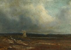 19th Century School, A study of a windmill in an extensive landscape, oil on oak panel, indistinctly
