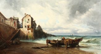 Emile Godchaux (1860-1938) French, Boat with fishermen on the shore next to harbor wall, oil on