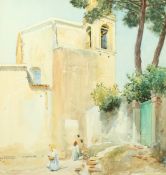 R.H. Kitson (20th Century) A Moroccan scene with a bell tower and women in the foreground,