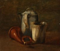 19th Century School, A still life study of a horn, beaker and jug, oil on mahogany panel, remnants