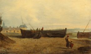 Lars Teodor Billing (1817-1892) Swedish, Figures and boats on a shore with buildings beyond, oil