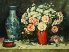 D. Morton (20th Century), An impressionist still life of mixed flowers and a blue and white vase,