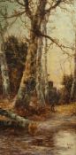 J. Fox (19th/20th Century), A pair of oil on canvas paintings of a figure in a woodland setting, oil