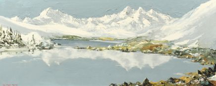 Charles Wyatt Warren (1908-1993) Welsh, Mountain Lake scene in Winter with snow-capped mountains
