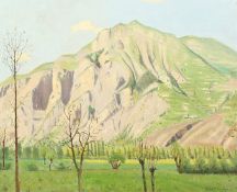 Robert Morson Hughes (1873-1953) British, Alpine meadows with a rocky escarpment beyond, oil on