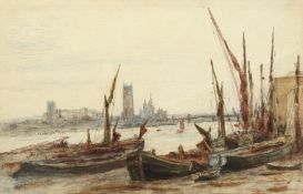 John Moyer Heathcoate (1800-1890) British, Westminster from Vauxhall, 1869, watercolour with pencil,