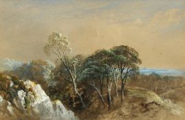 G. Pearson, circa 1858, A tree lined landscape with a coastline beyond, watercolour, signed and
