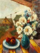 Valter Berzins (1925-2009), A still life study of mixed flowers and apples with buildings beyond,