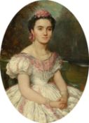 19th Century Continental School, A portrait of a seated lady in a parkland setting, oil on canvas,