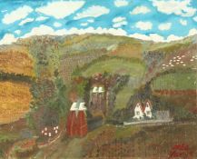 Fred Yates (1922-2008) British, A view of oast houses with fields and hills beyond, oil on canvas,