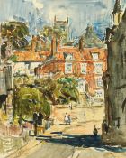 Rowland Henry Hill (1873-1952) British, A town scene with figures in a street, watercolour, signed