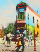 Contemporary School, A scene of figures dancing on a street, oil on board, indistinctly signed,