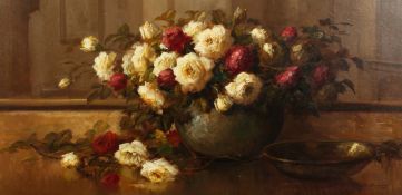 Kees Terlouw (1890-1948) Dutch, A still life study of roses in a bowl, oil on board, signed, in a