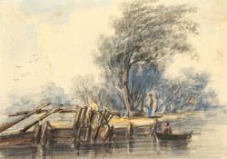 Attributed to Alfred Vickers (1786-1868) British, Figures on a riverbank, watercolour, inscribed