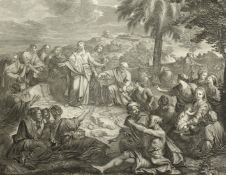 An antique engraving of Christ feeding the five thousand, 22.5