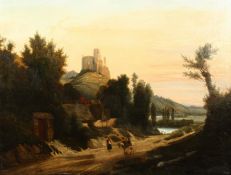 19th Century, probably Continental School, Wayfarers conversing on a path below hilltop ruins, oil