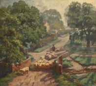 Early 20th Century British, A shepherd driving sheep across a ford, signed with initials, 22