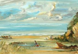 Clair Laval (b.1953) British, Figures on a beach, oil on board, signed, 10