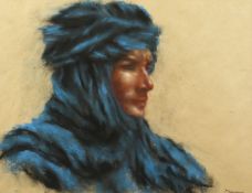 Catherine Dameron (b.1976) French, A head study of a figure in a headdress, pastel, signed, 17
