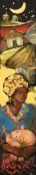 African School 20th Century, A female figure with a sleeping pig on her lap in moonlit stylized