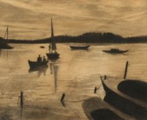 Gagenendrath Tagore (1867-1938) India, figures on boats, watercolour, signed with initials, 11