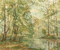 Phillip Connard (1875-1958) 'Reflections' A view of trees along the river, oil on board, 14