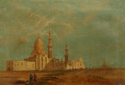 Circle David Roberts (1796-1864) A Temple scene with figures and a Camel train, oil on canvas, bears