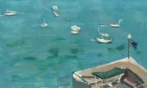 Australian School 20th Century, Boats moored outside the harbour wall, gouache, indistinctly
