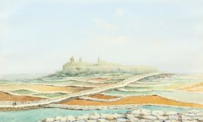Vincenco d'Esposito, Figures on a road outside the City of Mdina, Malta, watercolour and gouache,