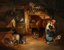 C. Whitfield (20th Century), Stable interior with a female figure feeding goats, oil on board,