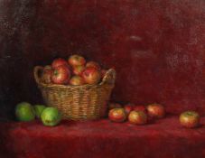 Richard Smith 1985, British, Still life with basket and apples, oil on canvas, signed and