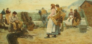 After Walter Langley, 'In a Cornish Fishing Village', oil on canvas, bears initials, 8