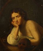 19th Century Continental School, A seated figure with a Momento Mori, oil on panel, 11.5