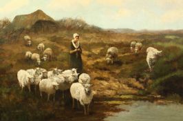 Frans Van Leemputten (1850-1914) Belgian, A shepherdess and her flock by a river, oil on canvas,