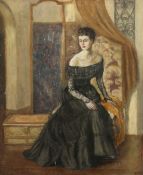 R. Ferres? An elegant lady seated in an interior, oil on canvas, signed, 24