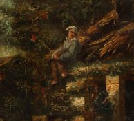 19th Century Continental School, A scene of a figure on a roof surrounded by foliage, oil on