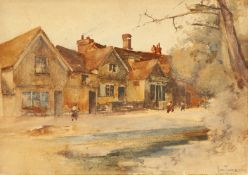 John Terris, 'Shere Village, Surrey', figures outside a terrace of houses, watercolour, signed, 9.