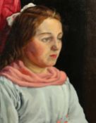 20th Century School, A portrait of a lady in a pink scarf, oil on canvas laid down, 20