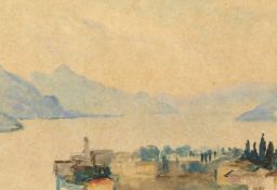 20th Century British School, A scene of a Continental Lake with mountains beyond, watercolour,