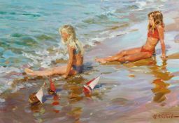 Yuri Krotov (b.1964) Russian, 'Young Sunbathers', signed, oil on canvas 15