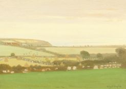 Robert Morson Hughes (1873-1953) British, Open fields with a coastal view beyond, oil on board,