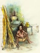 Moya Cozens, (1920-1990) British, 'Boy in a basket', sepia, ink and watercolour, 15