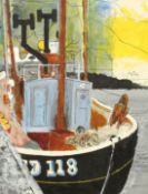 Circle of Percy Kelly (1918-1993), Fishing trawler in a harbour, mixed media, 12